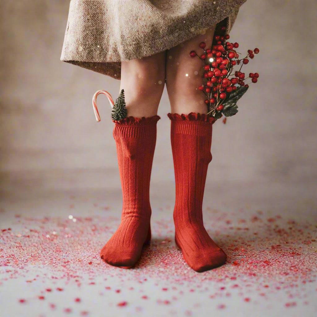 Little Love Bug Co. Socks 2 pairs of Holiday Red / 1-3 Years LLB Lace Top Knee High Socks (2 pairs in each order)