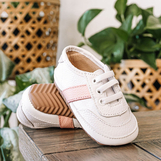 Load image into Gallery viewer, White and Pink Love Bug Sneaker Casual Shoe Little Love Bug Co. 7 (Minimalist Sole) 
